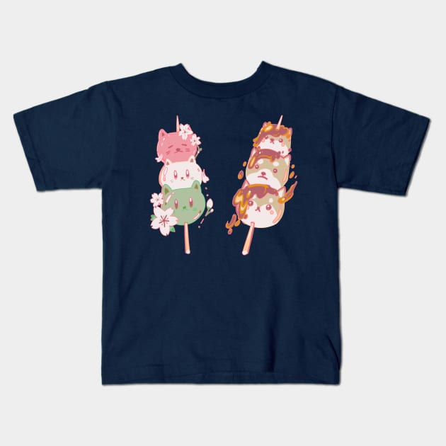 Sakura Hanami Dango Cat and Mitarashi Dango Shiba Kids T-Shirt by evumango